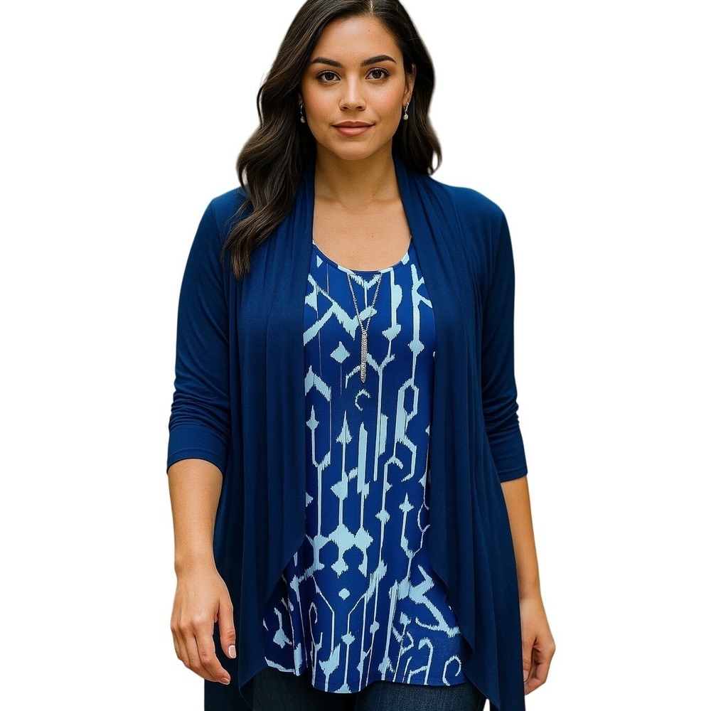 American City Wear Elegant Cardigan Set with Printed Tank Top Layered Look M